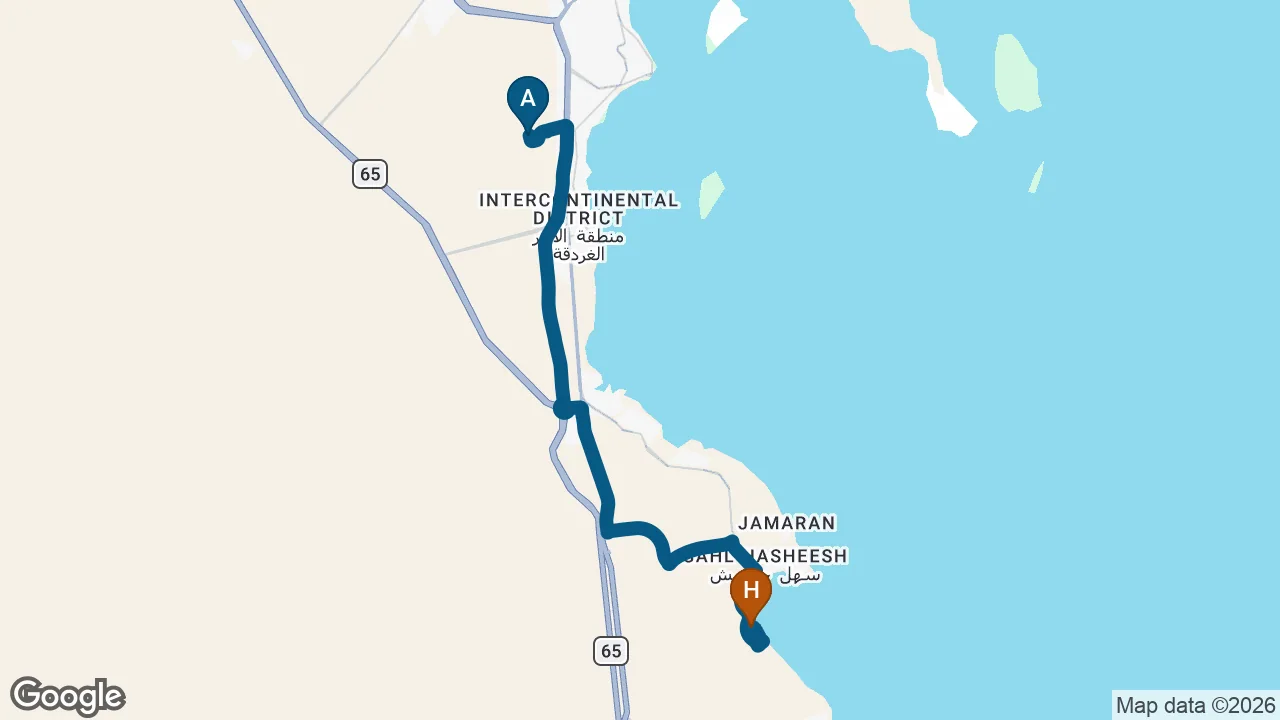 Driving route from Hurghada Airport to Baron Palace Sahl Hasheesh